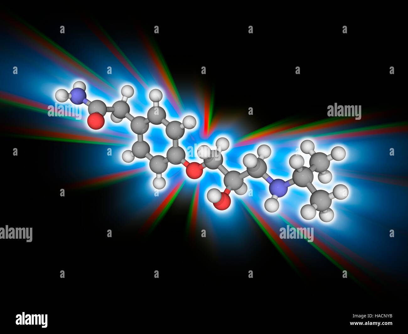 Atenololo. Il modello molecolare dei beta bloccanti farmaco atenololo (C14.H22.N2.O3), usato per trattamento di ipertensione (alta pressione sanguigna). Gli atomi sono rappresentati da sfere e sono codificati a colori: carbonio (grigio), Idrogeno (bianco), Azoto (blu) e ossigeno (rosso). Illustrazione. Foto Stock