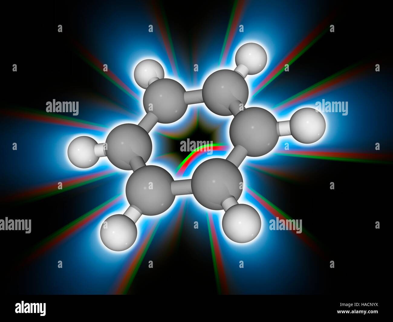 Il benzene. Il modello molecolare degli idrocarburi aromatici benzene (C6.H6). Questo costituente naturale del petrolio greggio viene utilizzato come precursore per la produzione di altre sostanze chimiche complesse. Lo studio dell'anello aromatico struttura del benzene è stata di fondamentale importanza per il successo della chimica organica. Gli atomi sono rappresentati da sfere e sono codificati a colori: carbonio (grigio) e idrogeno (bianco). Illustrazione. Foto Stock