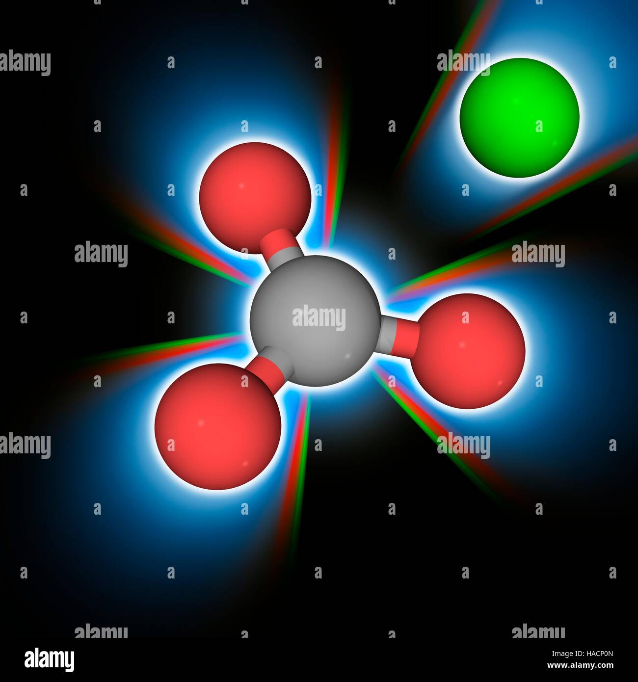 Il carbonato di calcio. Il modello molecolare del minerale ionica di carbonato di calcio (Ca.CO3). Questa sostanza chimica costituisce il componente principale dei gusci di organismi marini e i gusci d'uovo, e è un abbondante deposito di minerali che formate sotto antichi mari. Atomi e ioni sono rappresentati da sfere e sono codificati a colori: calcio (verdi), carbonio (grigio) e ossigeno (rosso). Lo ione calcio e lo ione carbonato hanno un doppio positivo e negativo rispettivamente di carica. Illustrazione. Foto Stock