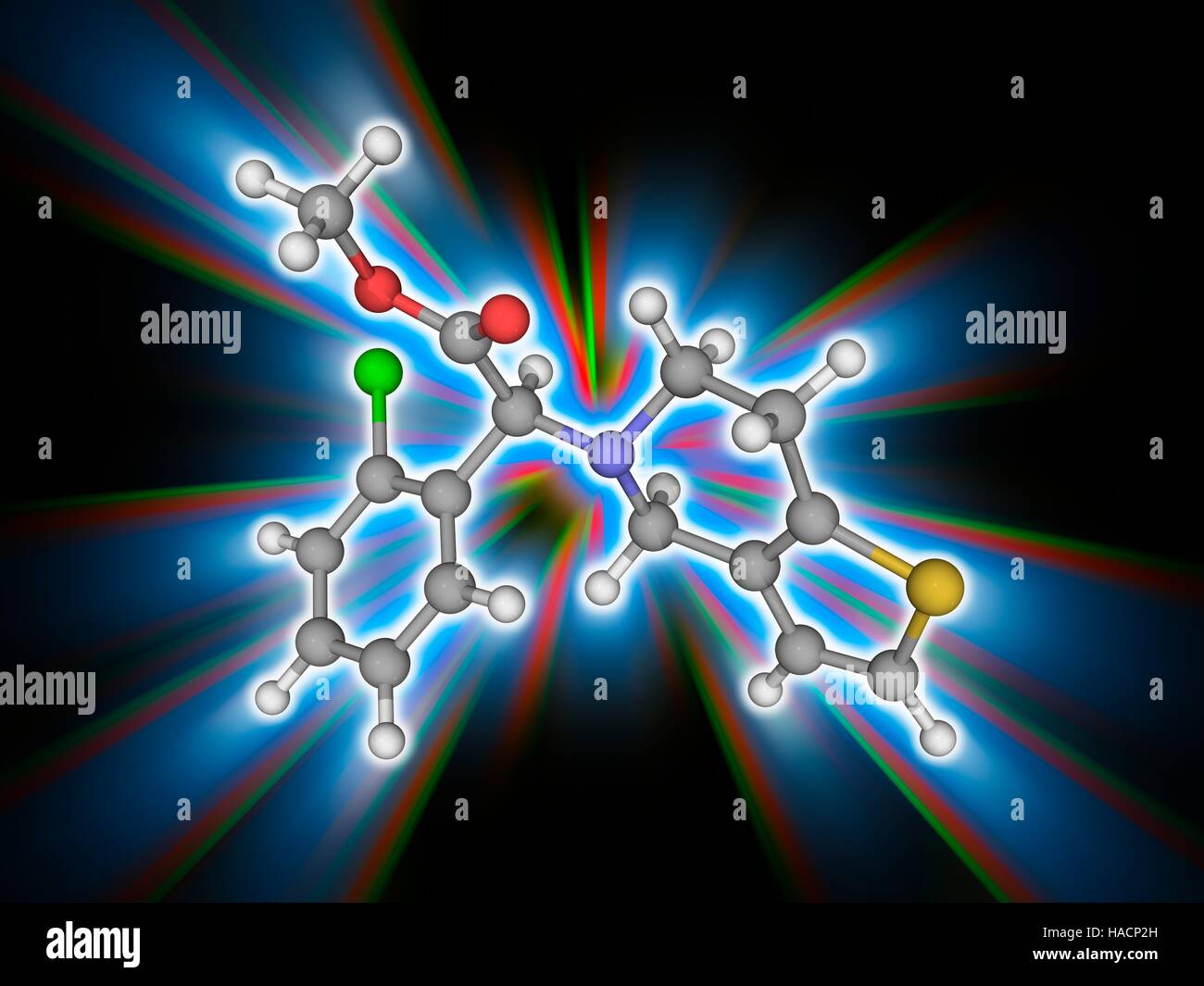 Clopidogrel. Il modello molecolare del farmaco clopidogrel (C16.H16.cl.N.O2.S), un agente anti-aggregante piastrinico utilizzato per inibire la formazione di coaguli di sangue. Gli atomi sono rappresentati da sfere e sono codificati a colori: carbonio (grigio), Idrogeno (bianco), Azoto (blu), Ossigeno (rosso), cloro (verde) e zolfo (giallo). Illustrazione. Foto Stock