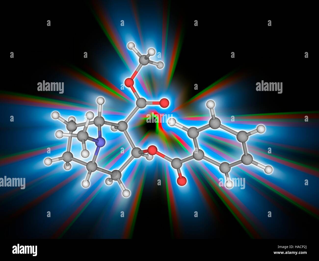 La cocaina. Il modello molecolare del farmaco alcaloide cocaina (C17.H21.N.O4), ottenuto dalla pianta di coca foglie (Erythroxylum). È classificato come la serotonina e norepinefrina-inibitore della ricaptazione della dopamina (SNDRI), ed è un potente stimolante il sistema nervoso. Gli atomi sono rappresentati da sfere e sono codificati a colori: carbonio (grigio), Idrogeno (bianco), Azoto (blu) e ossigeno (rosso). Illustrazione. Foto Stock