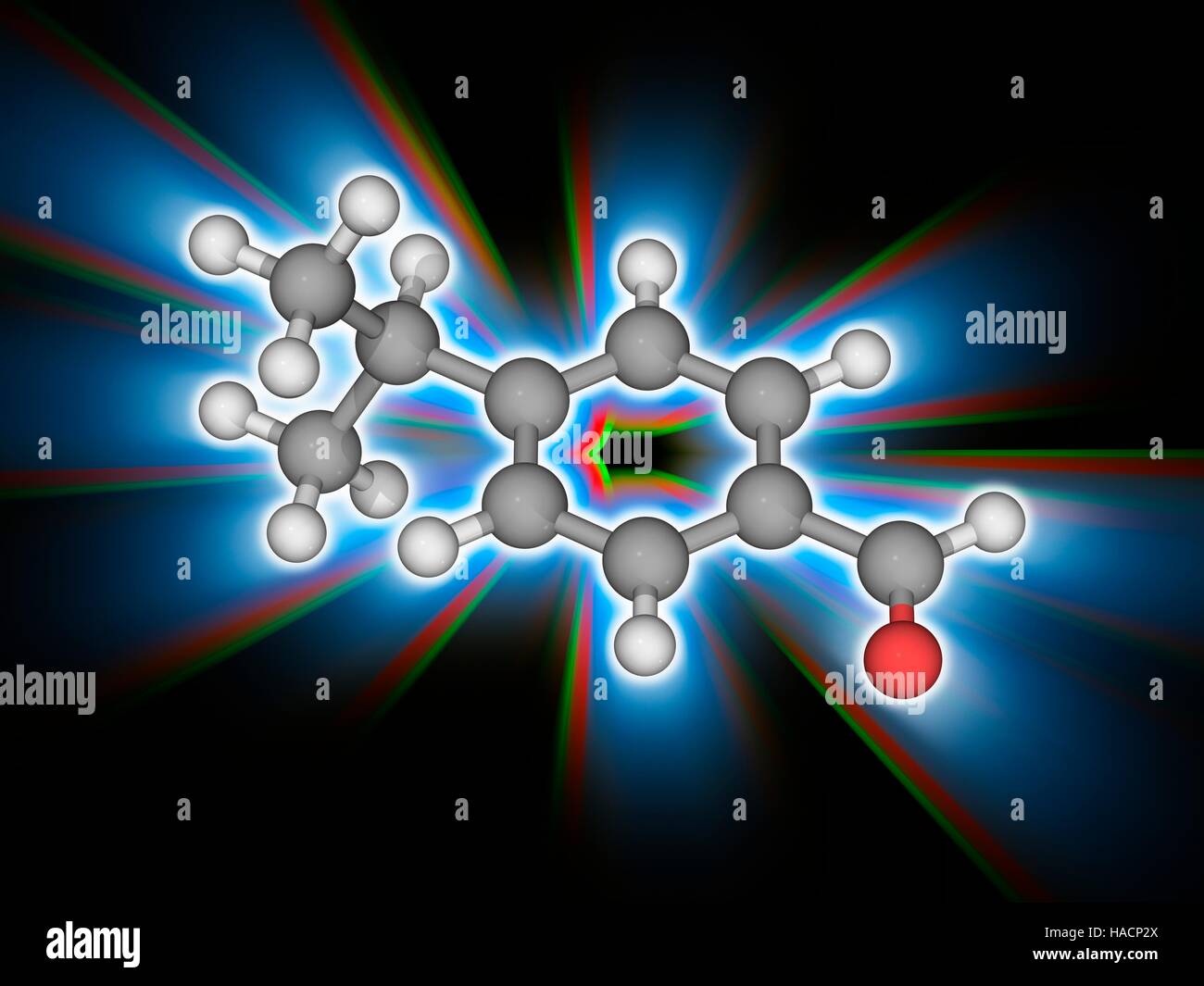 Cuminaldehyde. Il modello molecolare del monoterpene benzaldeide composto cuminaldehyde (C10.H12.o.). Questo è un costituente degli oli essenziali di eucalipto, mirra, cumino e altri. Utilizzato in profumi e cosmetici. Gli atomi sono rappresentati da sfere e sono codificati a colori: carbonio (grigio), Idrogeno (bianco) e ossigeno (rosso). Illustrazione. Foto Stock