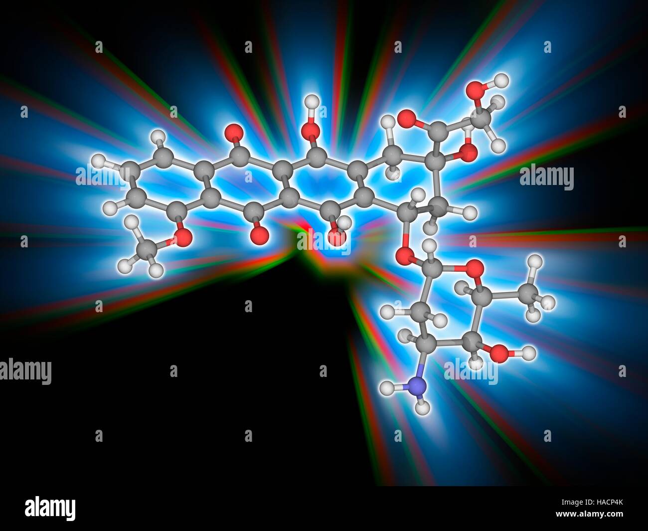 La doxorubicina. Il modello molecolare del chemioterapico doxorubicina (C27.H29.N.O11), utilizzato contro una vasta gamma di tipi di cancro. Un nome commerciale è l'adriamicina. Gli atomi sono rappresentati da sfere e sono codificati a colori: carbonio (grigio), Idrogeno (bianco), Azoto (blu) e ossigeno (rosso). Illustrazione. Foto Stock