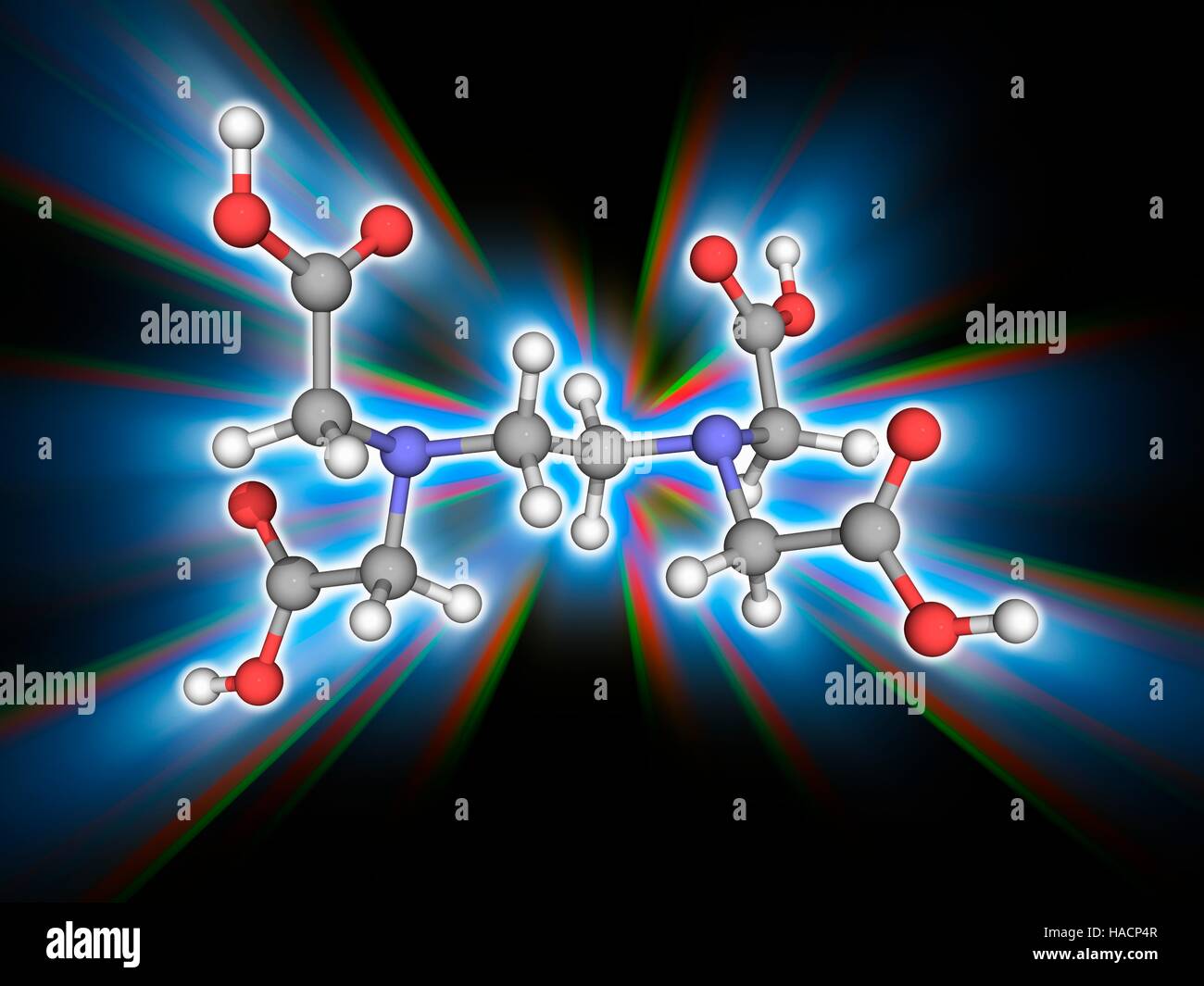 Acido edetico. Il modello molecolare della poliammino acido carbossilico noto come acido edetico (C10.H16.N2.O8). È anche noto come acido etilendiamminotetraacetico (EDTA) e viene ampiamente usato per sciogliere il calcare. Gli atomi sono rappresentati da sfere e sono codificati a colori: carbonio (grigio), Idrogeno (bianco), Azoto (blu) e ossigeno (rosso). Illustrazione. Foto Stock