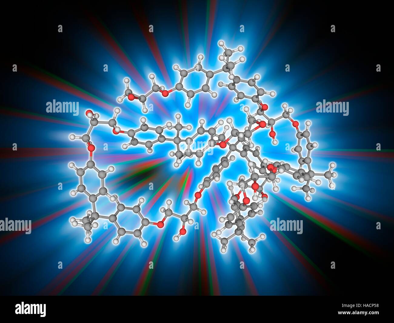 Resina epossidica polimero. Il modello molecolare di varie subunità legate del polimero di resina epossidica, noto anche come poliepossido. Le subunità tipico sono le resine bisfenolo. Questi polimeri sono termoindurenti, nel senso che polimerizzano e reticolare quando miscelati con una poliammina indurente. Gli atomi sono rappresentati da sfere e sono codificati a colori: carbonio (grigio), Idrogeno (bianco) e ossigeno (rosso). Illustrazione. Foto Stock