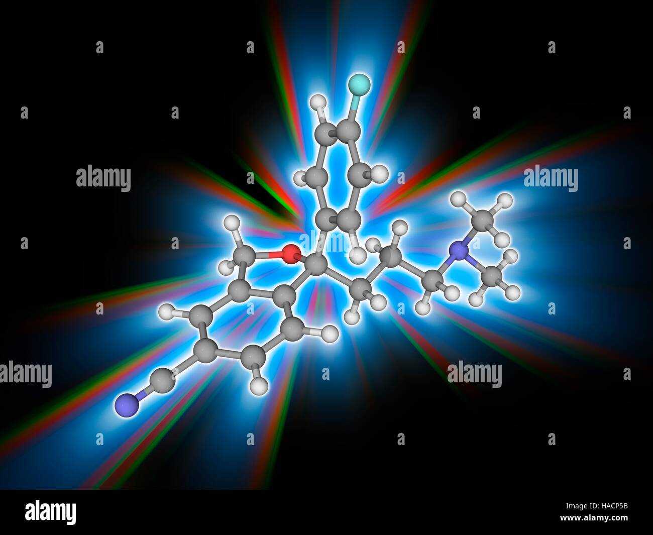 Escitalopram. Il modello molecolare del farmaco antidepressivo escitalopram (C20.H21.F.N2.O), parte di un inibitore selettivo della ricaptazione della serotonina (SSRI) classe di farmaci. Questo farmaco è usato nel trattamento del disturbo depressivo maggiore e disturbo d'ansia generalizzato. Gli atomi sono rappresentati da sfere e sono codificati a colori: carbonio (grigio), Idrogeno (bianco), Azoto (blu), Ossigeno (rosso) e fluoro (ciano). Illustrazione. Foto Stock