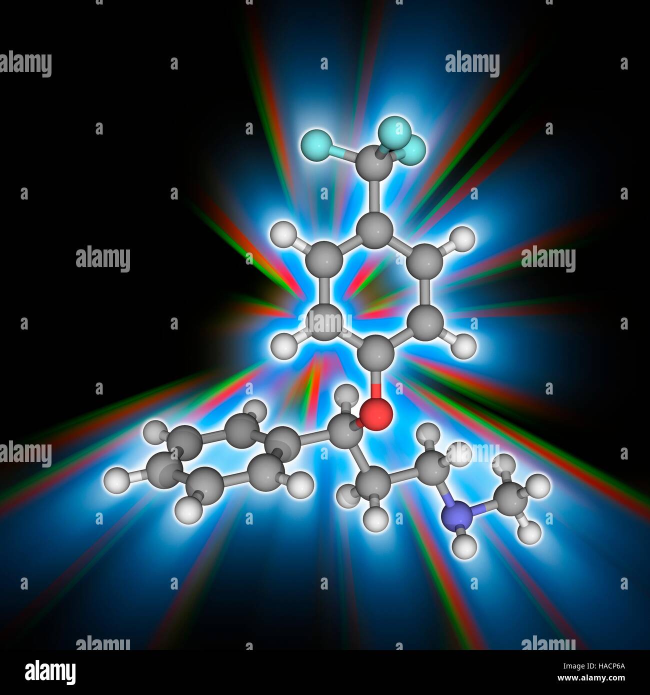 La fluoxetina. Il modello molecolare del farmaco antidepressivo fluoxetina (C17.H18.F3.N.O), comunemente noto come il Prozac. Questo è un membro di un inibitore selettivo della ricaptazione della serotonina (SSRI) classe di farmaci. È usato per trattare il disturbo depressivo maggiore, come pure altri disturbi mentali. Gli atomi sono rappresentati da sfere e sono codificati a colori: carbonio (grigio), Idrogeno (bianco), Azoto (blu), Ossigeno (rosso) e fluoro (ciano). Illustrazione. Foto Stock