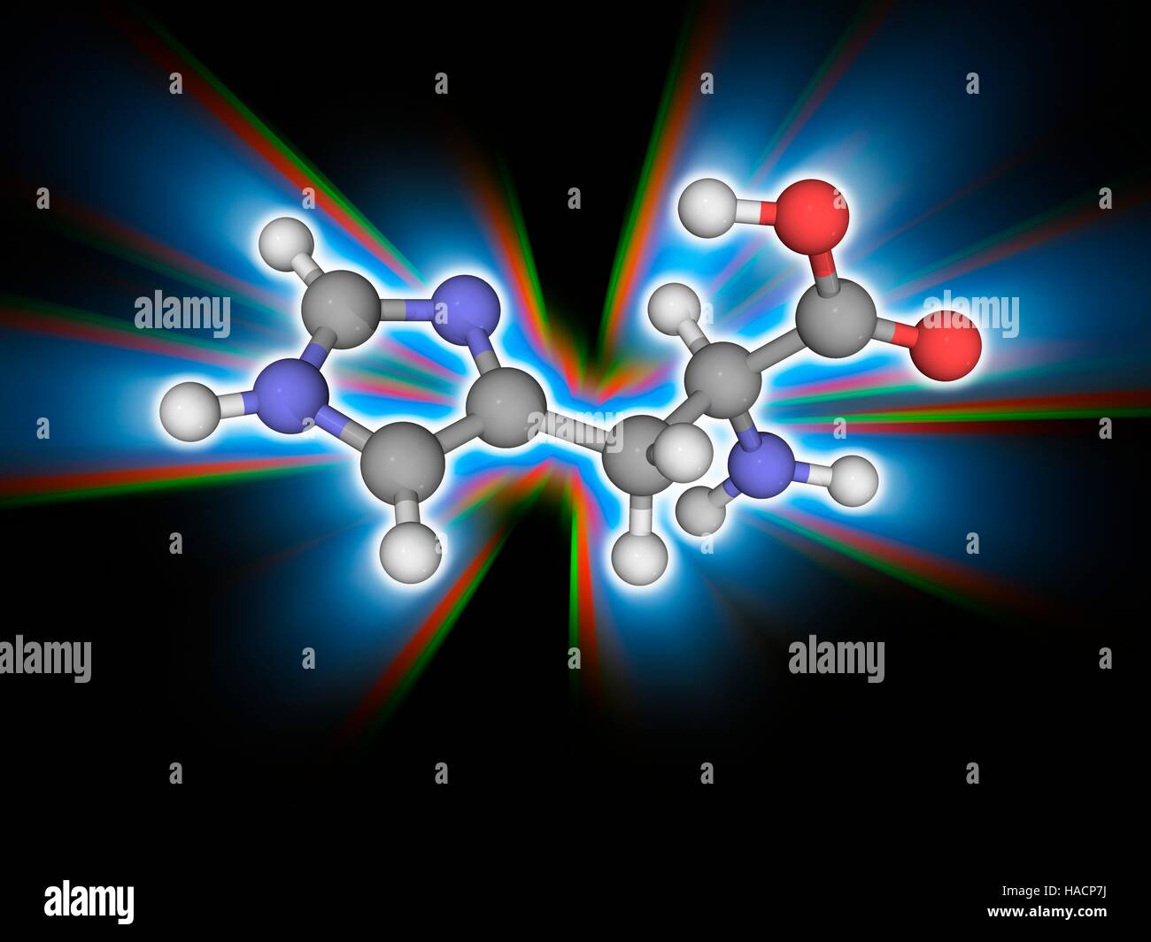 Istidina. Il modello molecolare del amminoacido essenziale istidina (C6.H9.N3.O2). Si tratta di uno degli ammino acidi che è un precursore di proteine (proteinogenic). Gli atomi sono rappresentati da sfere e sono codificati a colori: carbonio (grigio), Idrogeno (bianco), Azoto (blu) e ossigeno (rosso). Illustrazione. Foto Stock