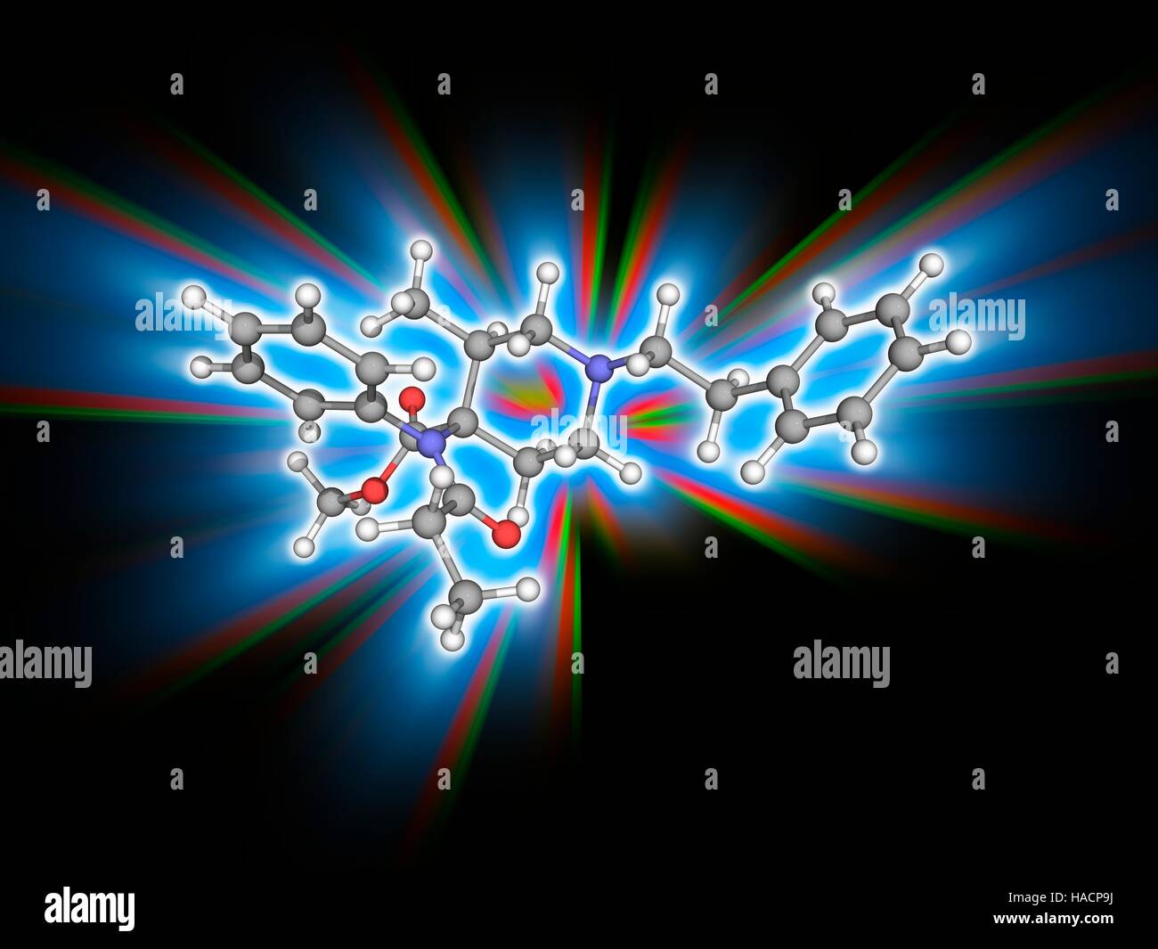 Lofentanil. Il modello molecolare del farmaco lofentanil (C25.H32.N2.O3), uno dei più potenti analgesici oppioidi e un analogo (struttura simile) al fentanil. Gli atomi sono rappresentati da sfere e sono codificati a colori: carbonio (grigio), Idrogeno (bianco), Azoto (blu) e ossigeno (rosso). Illustrazione. Foto Stock
