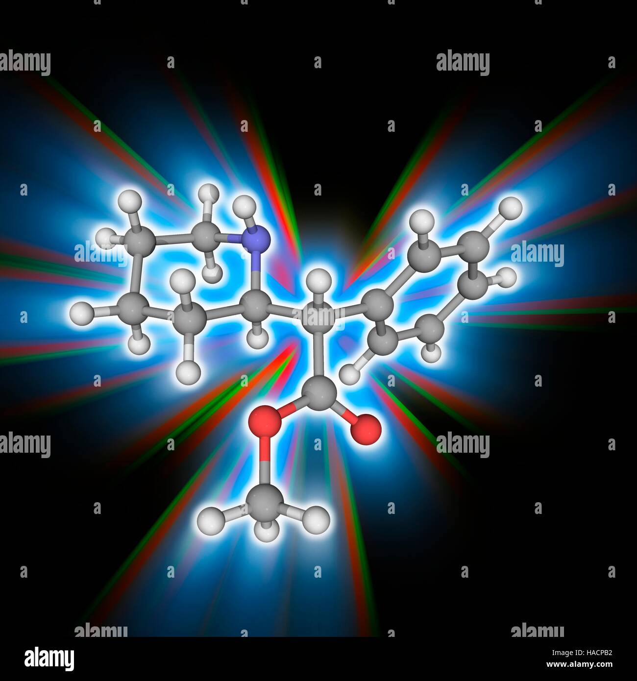 Il metilfenidato. Il modello molecolare del farmaco psychostimulant metilfenidato (C14.H19.N.O2), approvato per il trattamento di ADHD (Attention Deficit Hyperactivity Disorder), posturale ortostatica sindrome di tachicardia e narcolessia. Gli atomi sono rappresentati da sfere e sono codificati a colori: carbonio (grigio), Idrogeno (bianco) e ossigeno (rosso). Illustrazione. Foto Stock