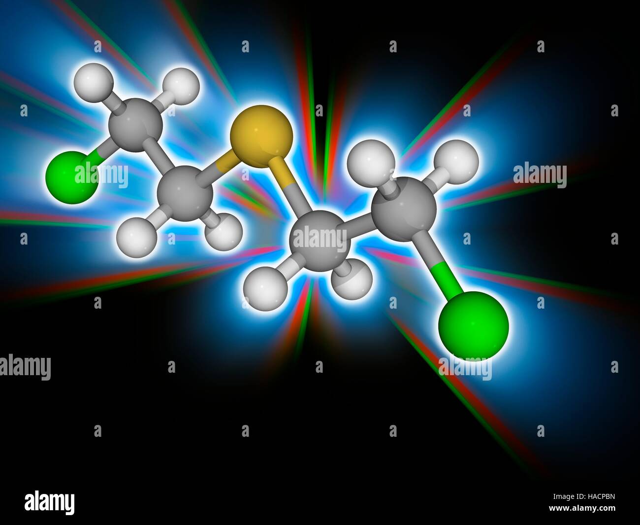 Gas mostarda. Il modello molecolare di zolfo di senape (C4.H8.Cl2.S), noto come gas mostarda. Questa guerra chimica forme agente grandi vescicole sulla cute esposta e nei polmoni. Gli atomi sono rappresentati da sfere e sono codificati a colori: carbonio (grigio), Idrogeno (bianco), zolfo (giallo) e cloro (verde). Illustrazione. Foto Stock