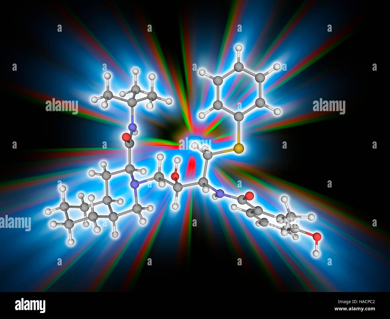 Il nelfinavir. Il modello molecolare dei farmaci antiretrovirali di nelfinavir (C32.H45.N3.O4.S), utilizzato come un inibitore della proteasi nel trattamento dell'HIV (il virus di immunodeficienza umana). Gli atomi sono rappresentati da sfere e sono codificati a colori: carbonio (grigio), Idrogeno (bianco), Azoto (blu), Ossigeno (rosso) e zolfo (giallo). Illustrazione. Foto Stock