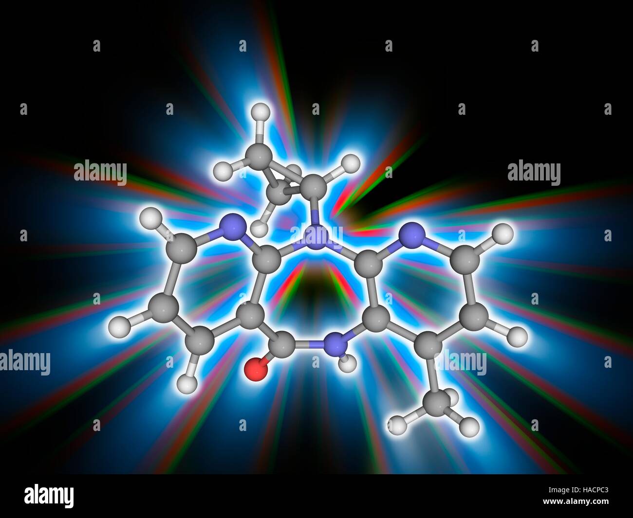 La nevirapina. Il modello molecolare del farmaco nevirapina (C15.H14.N4.O), inibitore della trascrittasi inversa non nucleosidica usato per il trattamento di HIV (il virus di immunodeficienza umana). Gli atomi sono rappresentati da sfere e sono codificati a colori: carbonio (grigio), Idrogeno (bianco), Azoto (blu) e ossigeno (rosso). Illustrazione. Foto Stock