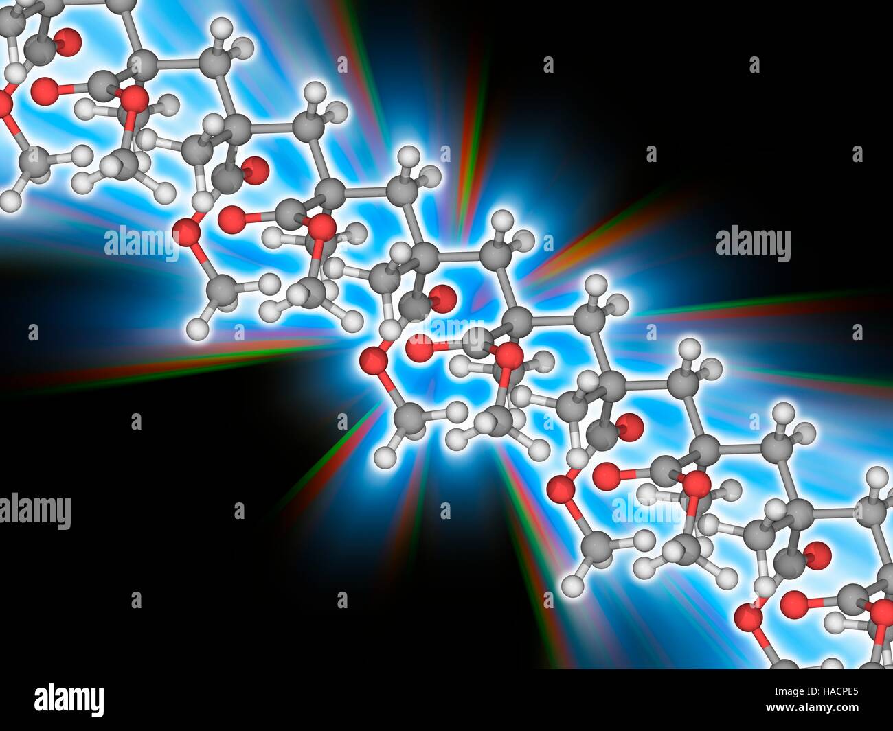 PMMA vetro acrilico polimero. Il modello molecolare del polimero poli(metil metacrilato), noto anche come il PMMA o acrilico, e commercializzati sotto i nomi commerciali come ad esempio plexiglass Acrylite, Lucite e perspex. La formula molecolare della unità di base è C5.O2.H8. Ci sono dieci unità di base mostrato qui, unite a formare una struttura polimerica. Questo materiale termoplastico trasparente è un polimero sintetico di metil metacrilato. Gli atomi sono rappresentati da sfere e sono codificati a colori: carbonio (grigio), Idrogeno (bianco) e ossigeno (rosso). Illustrazione. Foto Stock