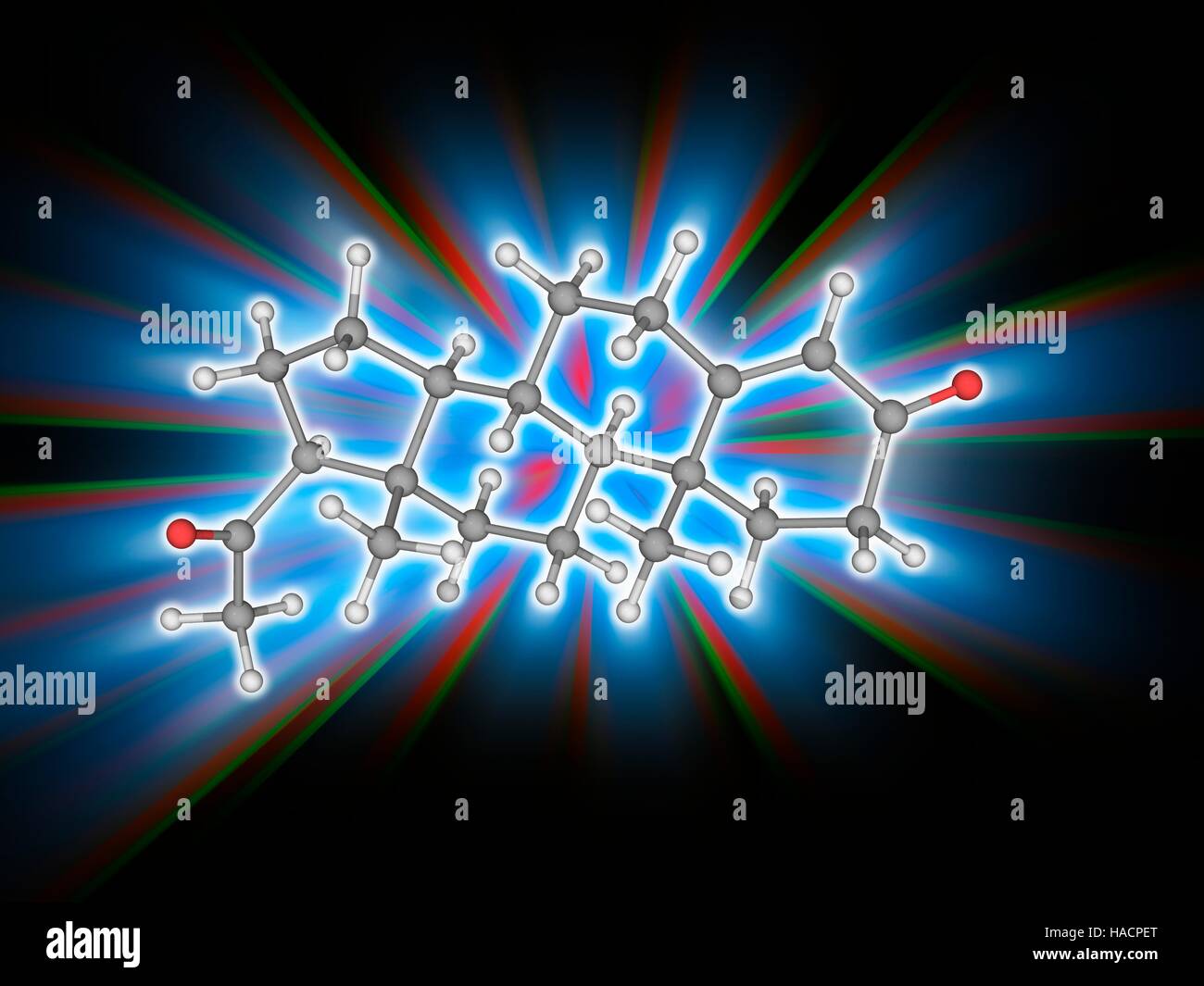 Il progesterone. Il modello molecolare di ormone steroideo progesterone (C21.H30.O2), coinvolto nella femmina ciclo mestruale, gravidanza e l'embriogenesi. È un ormone endogeno, prodotta dal corpo. Gli atomi sono rappresentati da sfere e sono codificati a colori: carbonio (grigio), Idrogeno (bianco) e ossigeno (rosso). Illustrazione. Foto Stock