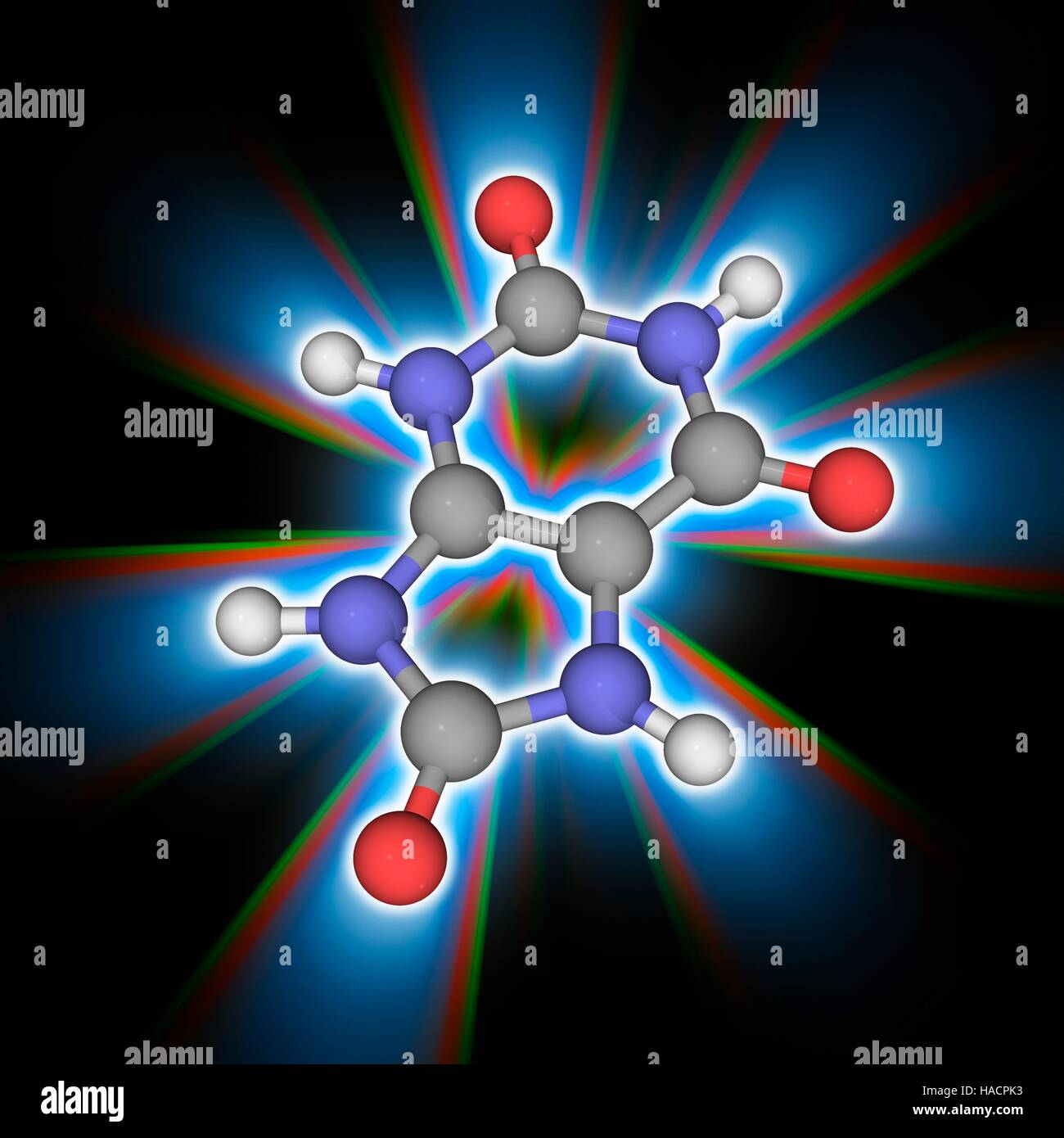 Acido urico. Il modello molecolare del composto organico di urea (C5.H4.N4.O3), creato quando il corpo si rompe i nucleotidi purinici. Gli atomi sono rappresentati da sfere e sono codificati a colori: carbonio (grigio), Idrogeno (bianco), Azoto (blu) e ossigeno (rosso). Illustrazione. Foto Stock