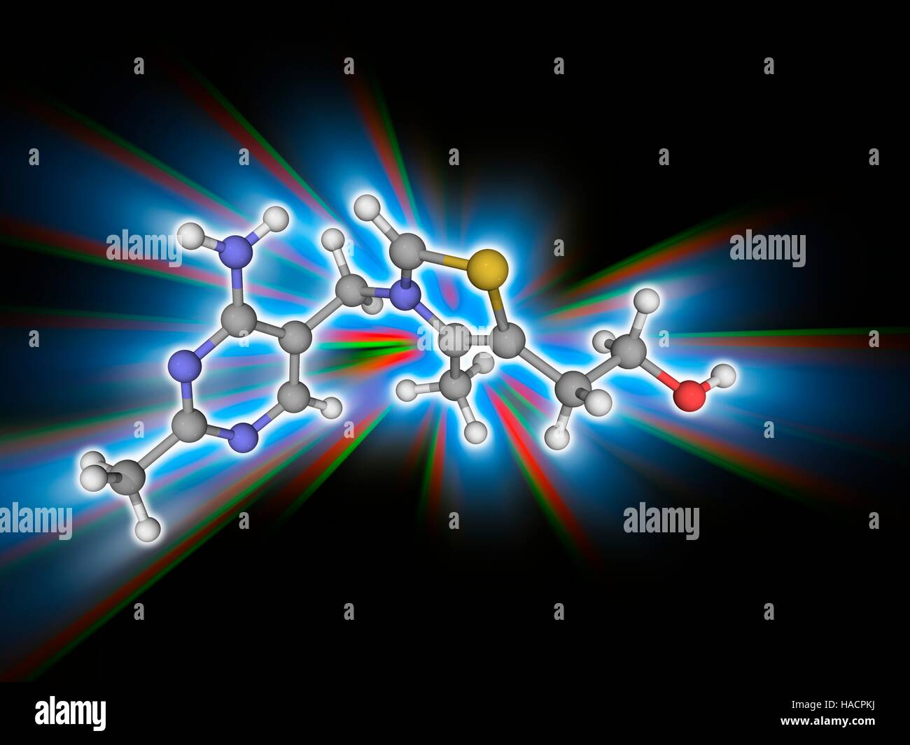 La vitamina B1. Il modello molecolare della tiamina (C12.H17.N4.O.S), chiamato anche tiamina e vitamina B1. Una carenza di questa vitamina porta ad una malattia chiamata beriberi. Gli atomi sono rappresentati da sfere e sono codificati a colori: carbonio (grigio), Idrogeno (bianco), Azoto (blu), Ossigeno (rosso) e zolfo (giallo). Illustrazione. Foto Stock