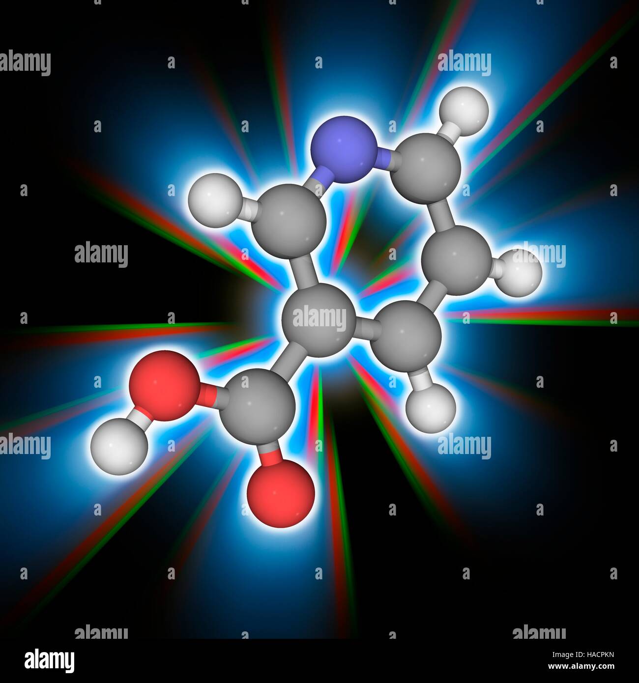 Niacina. Il modello molecolare di niacina (C6.N.H5.O2), noto anche come vitamina B3 e acido nicotinico. Insufficiente apporto di questa vitamina porta ad una malattia chiamata pellagra. Gli atomi sono rappresentati da sfere e sono codificati a colori: carbonio (grigio), Idrogeno (bianco), Azoto (blu) e ossigeno (rosso). Illustrazione. Foto Stock