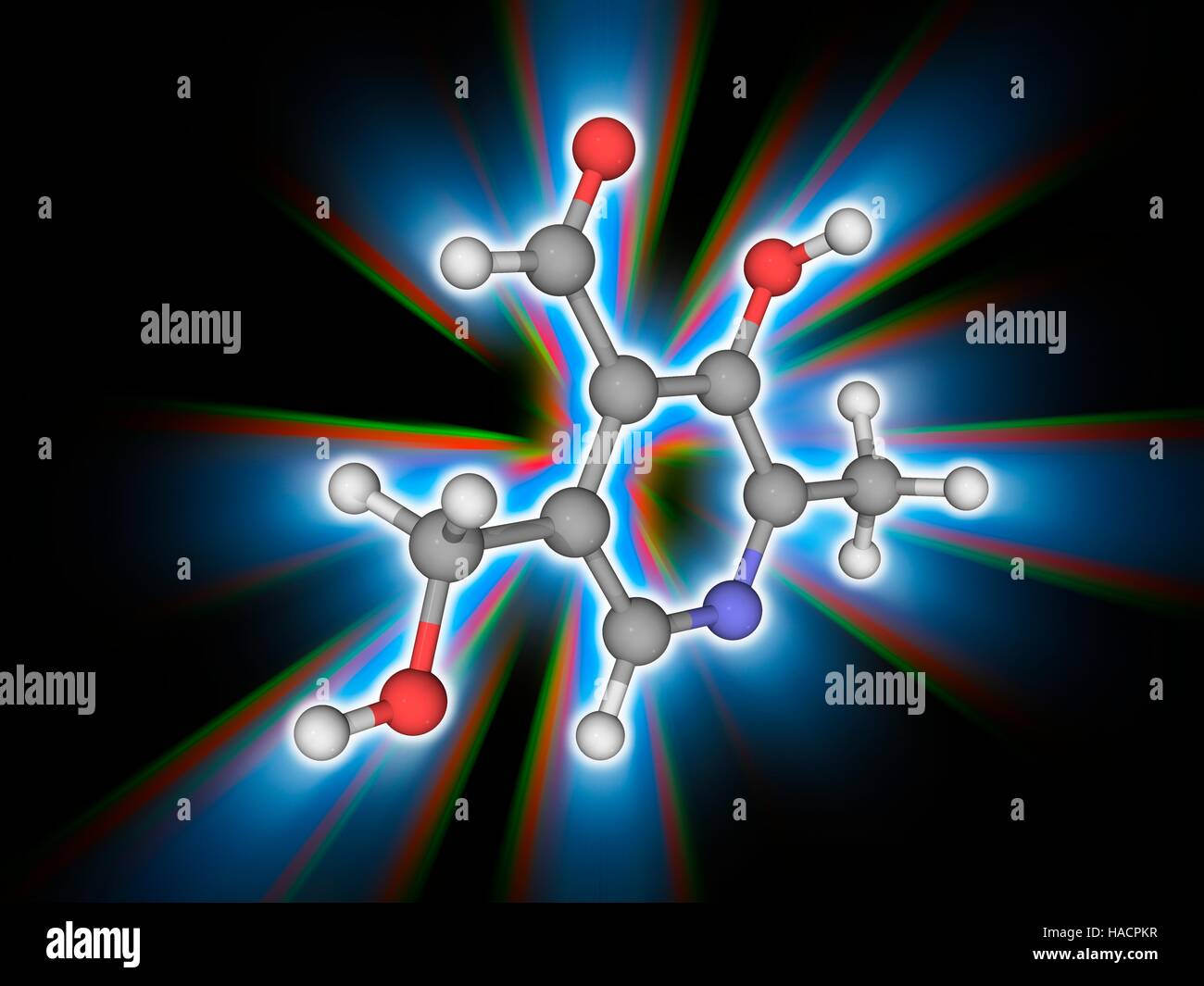 Il piridossale. Il modello molecolare del piridossal (C8.H9.N.O3) forma di vitamina B6. Questa vitamina è richiesto come un cofattore in molte reazioni di ammino acidi, lipidi e glucosio. Gli atomi sono rappresentati da sfere e sono codificati a colori: carbonio (grigio), Idrogeno (bianco), Azoto (blu) e ossigeno (rosso). Illustrazione. Foto Stock
