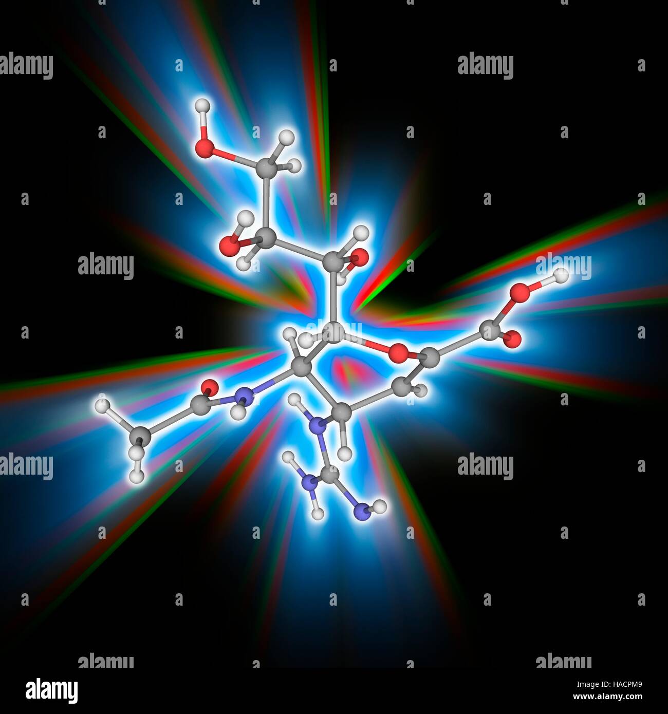 Zanamivir. Il modello molecolare del farmaco zanamivir (C12.H20.N4.O7), un inibitore della neuroamminidasi usato nel trattamento e nella prevenzione di infezioni dal virus dell'influenza A e B virus. Il suo è commercializzato sotto il nome commerciale Relenza. Gli atomi sono rappresentati da sfere e sono codificati a colori: carbonio (grigio), Idrogeno (bianco), Azoto (blu) e ossigeno (rosso). Illustrazione. Foto Stock