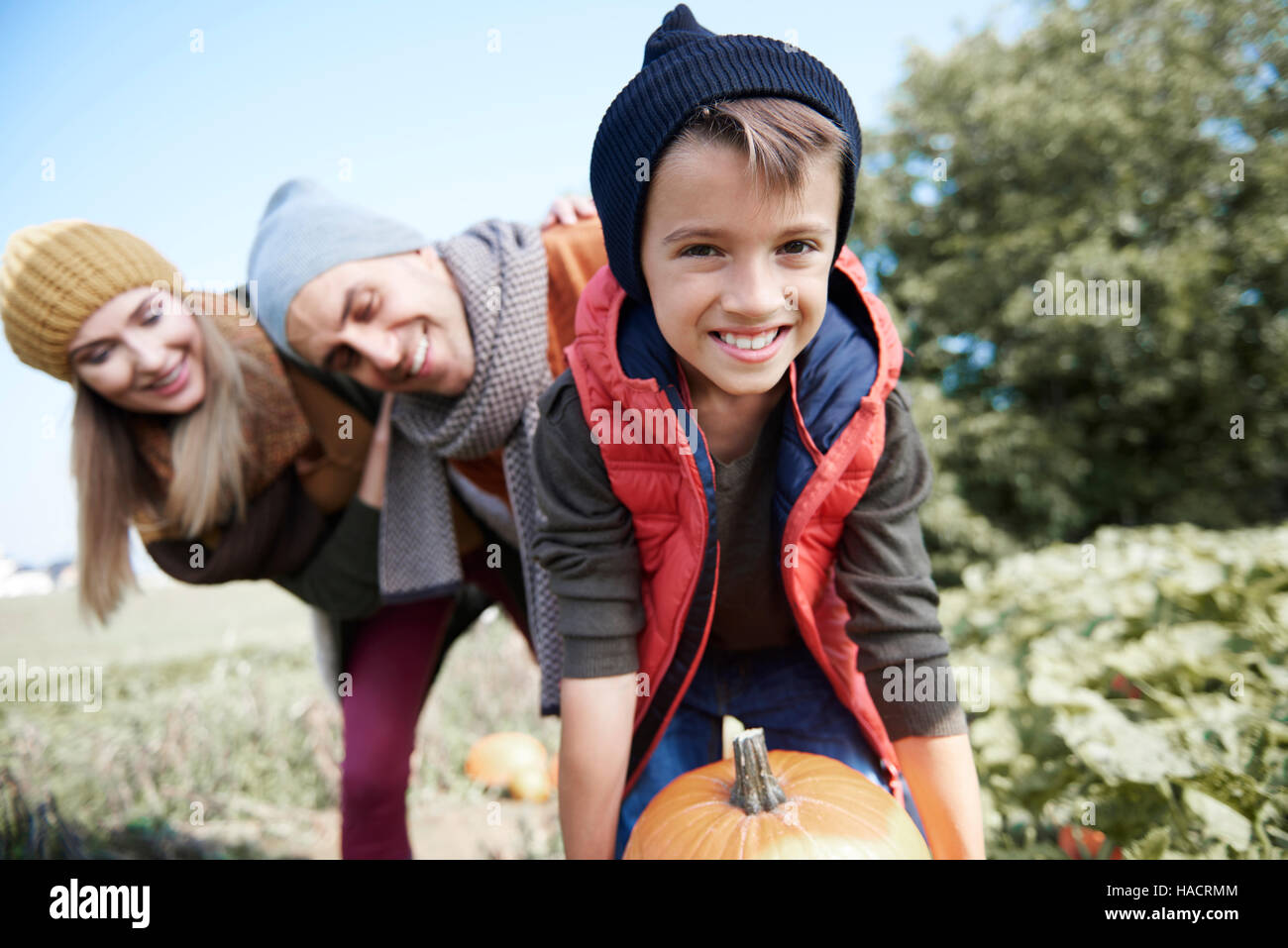 Ragazzo con i genitori il prelievo di zucche Foto Stock