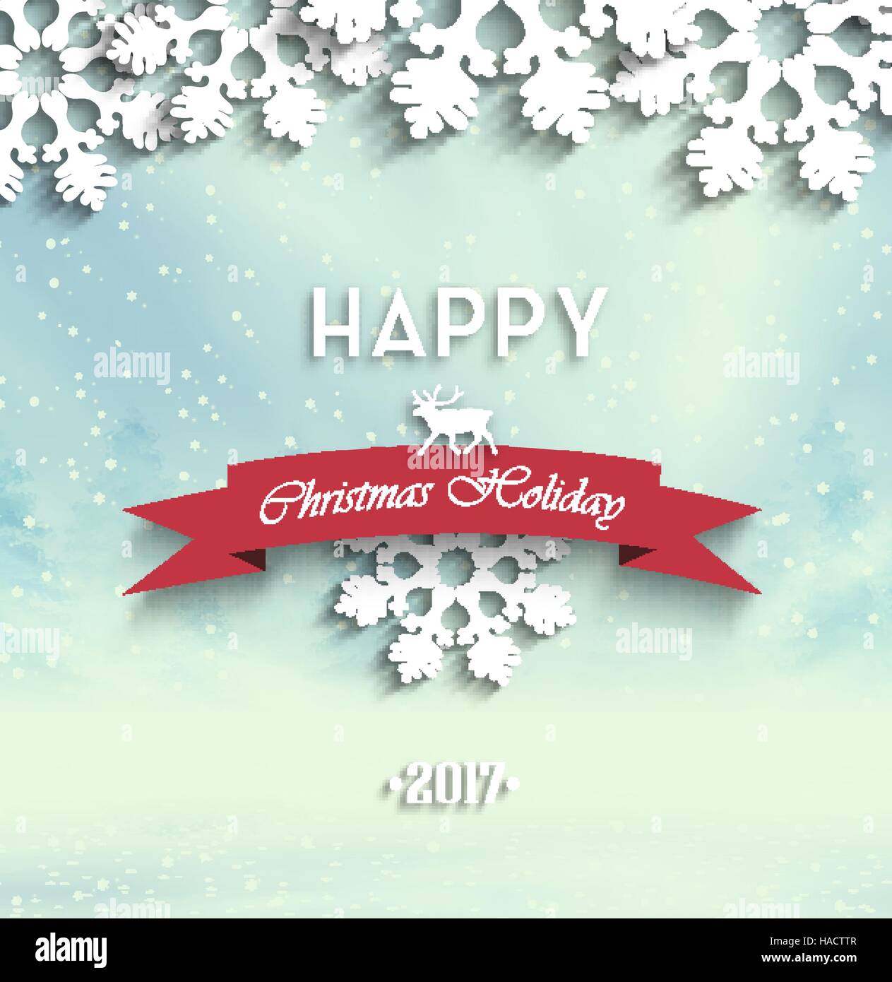 In legno per le vacanze di Natale sfondo Inverno con nastro, ombre, i fiocchi di neve, alberi, neve, cervi e testo Illustrazione Vettoriale