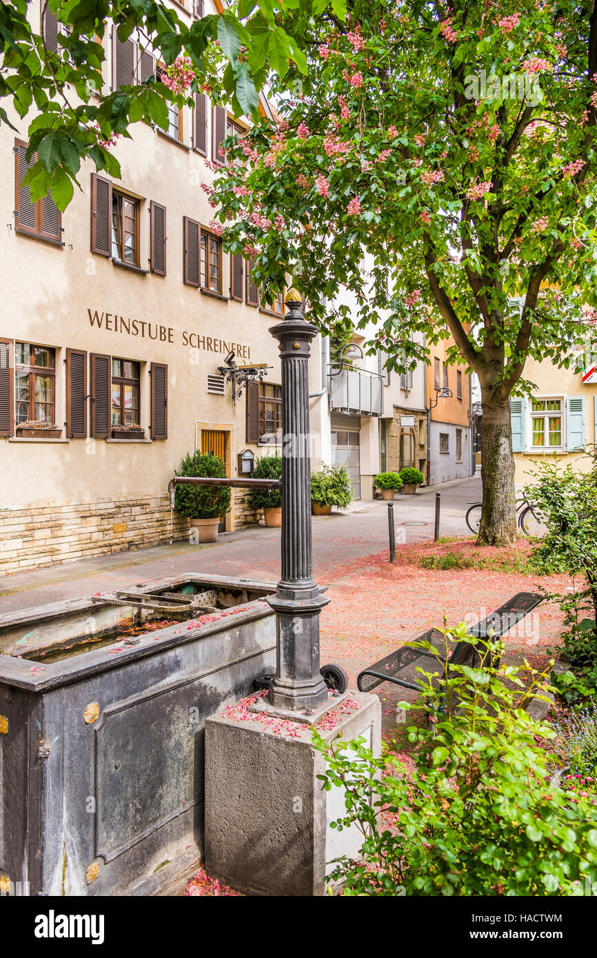 Fontana e facadee del wine bar ristorante Weinstube schreinerei Foto Stock