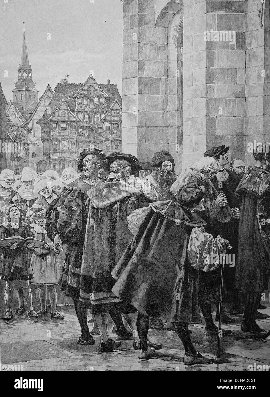 La Riforma Protestante, persone in piedi di fronte alla chiesa di Wittenberg, illustrazione pubblicato nel 1880 Foto Stock