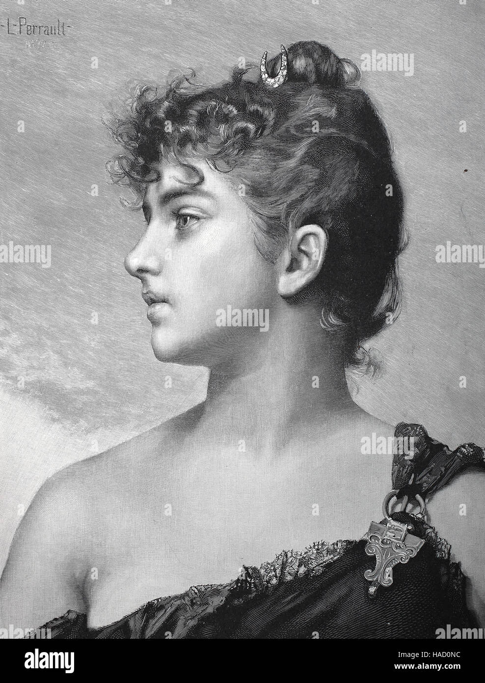 Ritratto di un bel giovane donna intorno al 1880, abito elegante, spalla-free, illustrazione pubblicato nel 1880 Foto Stock