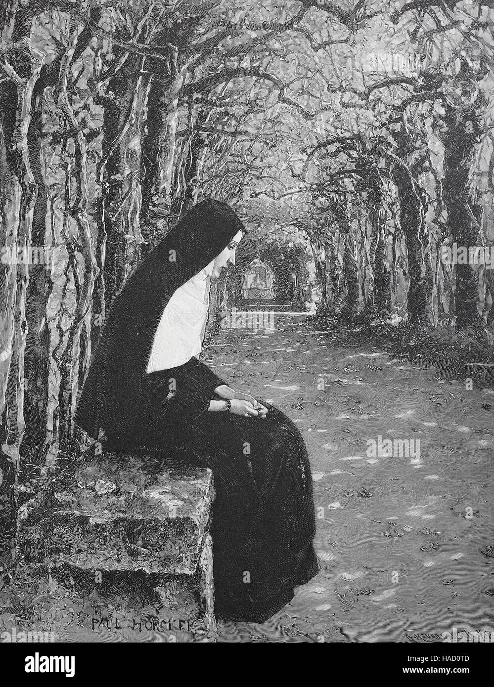 Nonne, nun seduta su una panchina nel parco, da Paul Hoecker, illustrazione pubblicato nel 1880 Foto Stock