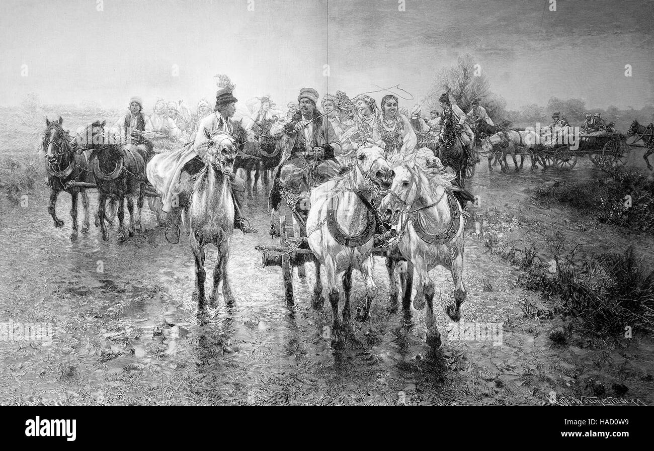 Corteo Nuziale, Hochzeitszug, la festa di nozze è con cavalli e carrozze sulla strada per la celebrazione, di A. Wiernsz-Kowalski, illustrazione pubblicato nel 1880 Foto Stock