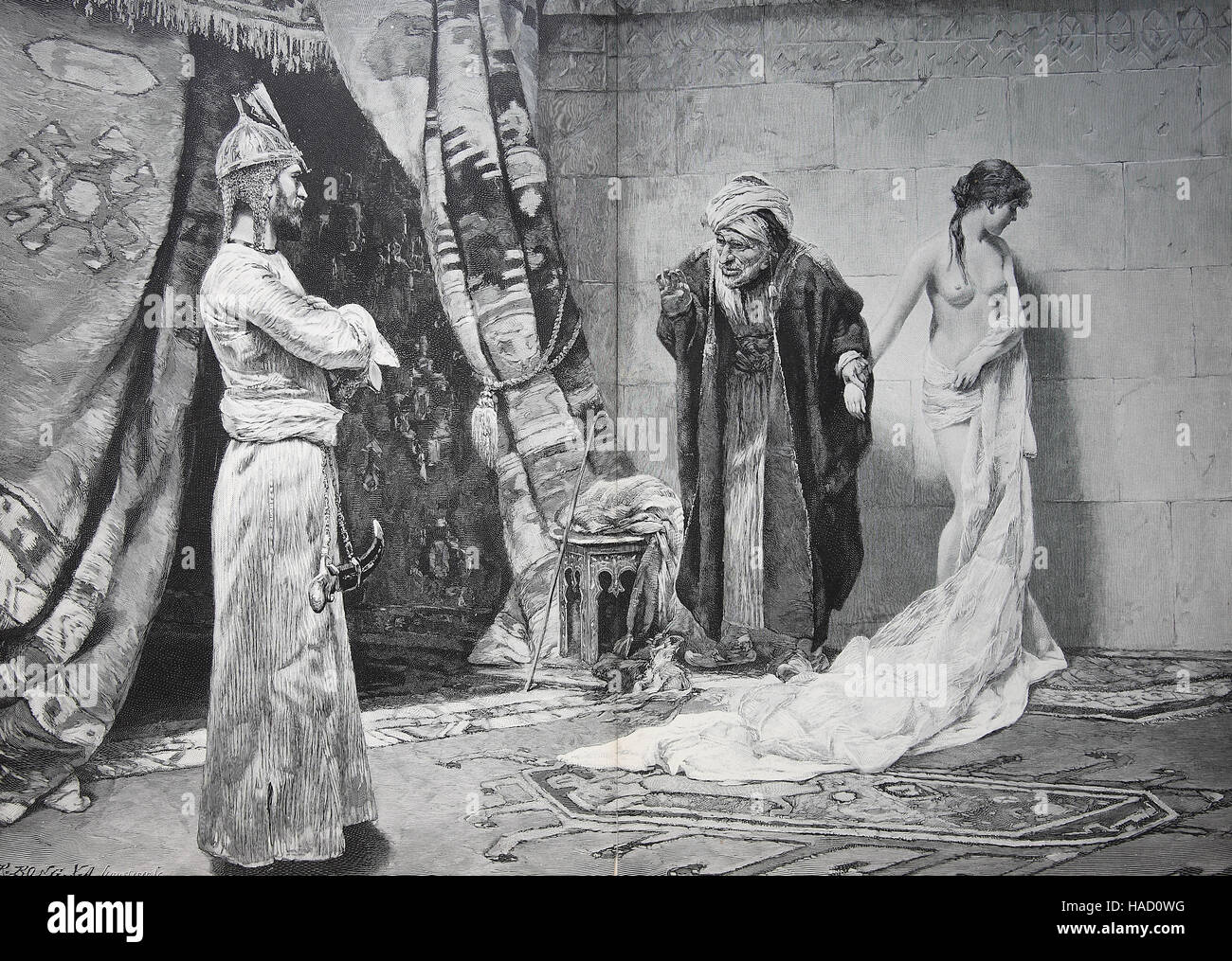 Commercio di schiavi, vecchio arabo ha acquistato una giovane ragazza nel mercato di schiavi, da F. Vezin, illustrazione pubblicato nel 1880 Foto Stock
