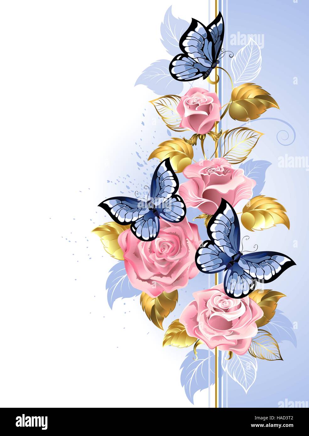 Design con rosa delicato roses, farfalle blu, oro e foglie di colore blu su sfondo chiaro. Design con rose. Illustrazione Vettoriale