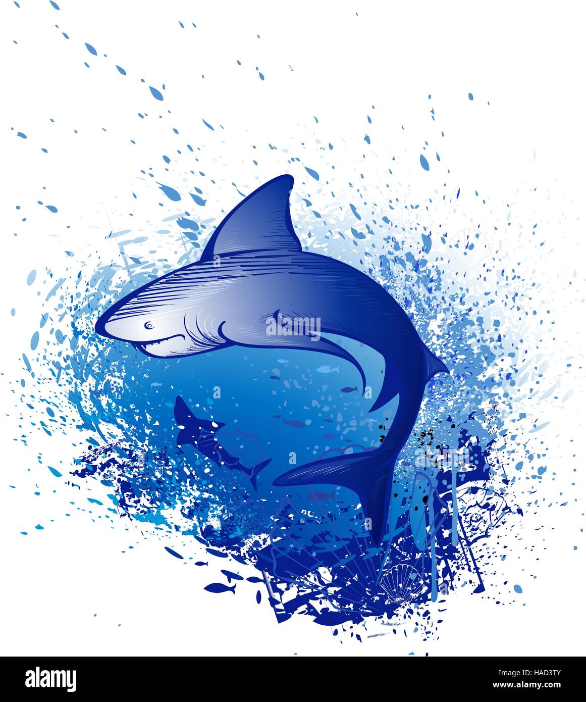 Arte disegnata da un grande squalo bianco nuota nel profondo blu del mare. Illustrazione Vettoriale