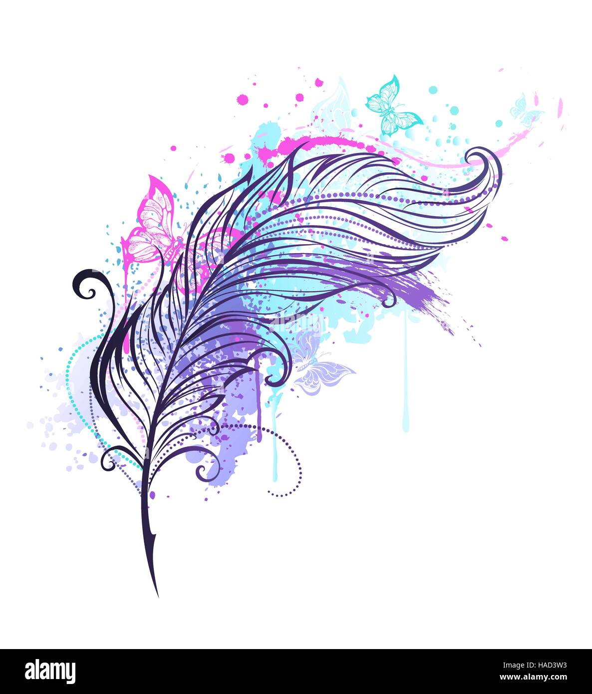 Piume di contorno con gocce di colori vivaci e colorate farfalle volare. Lo stile del tatuaggio Illustrazione Vettoriale