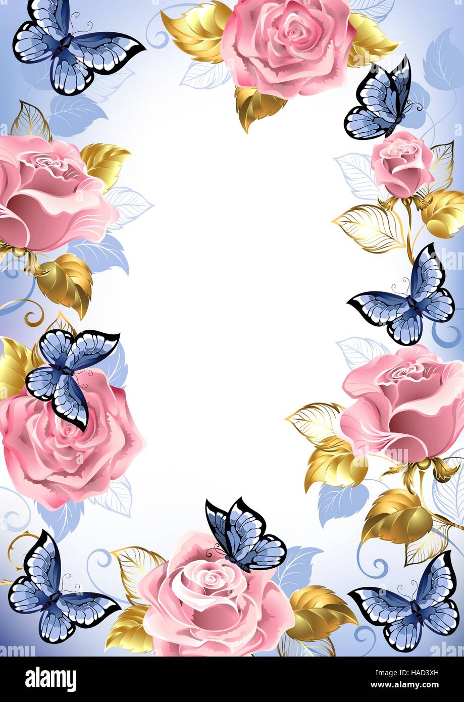Telaio con le rose rosa, farfalle blu, oro e foglie di colore blu su sfondo chiaro. Design con rose. Rosa rosa. Colori alla moda. Quarzo rosa e sere Illustrazione Vettoriale