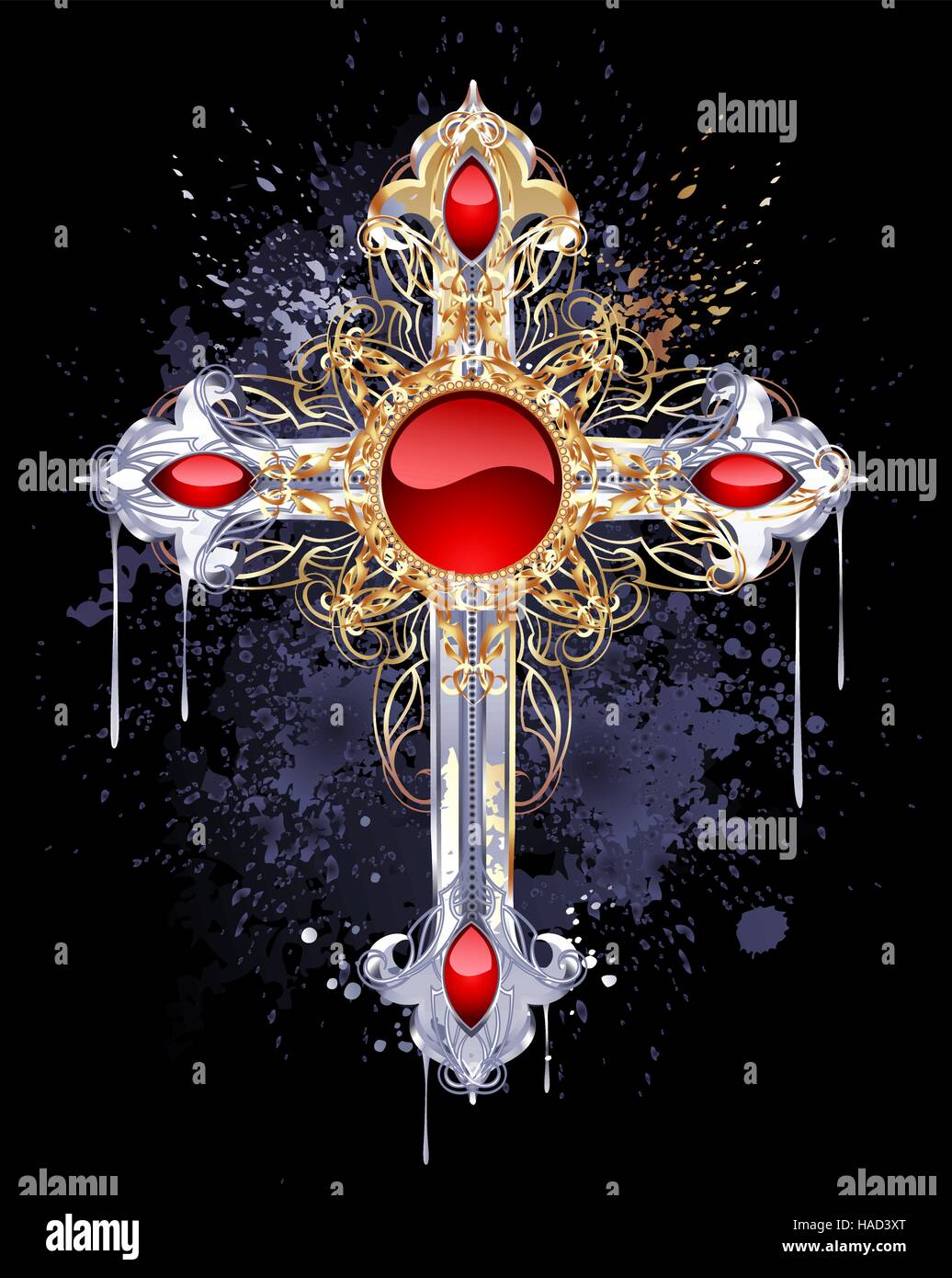 Gioielli, gotico croce di argento e di oro, ornato con Rubini e pattern su uno sfondo nero Illustrazione Vettoriale