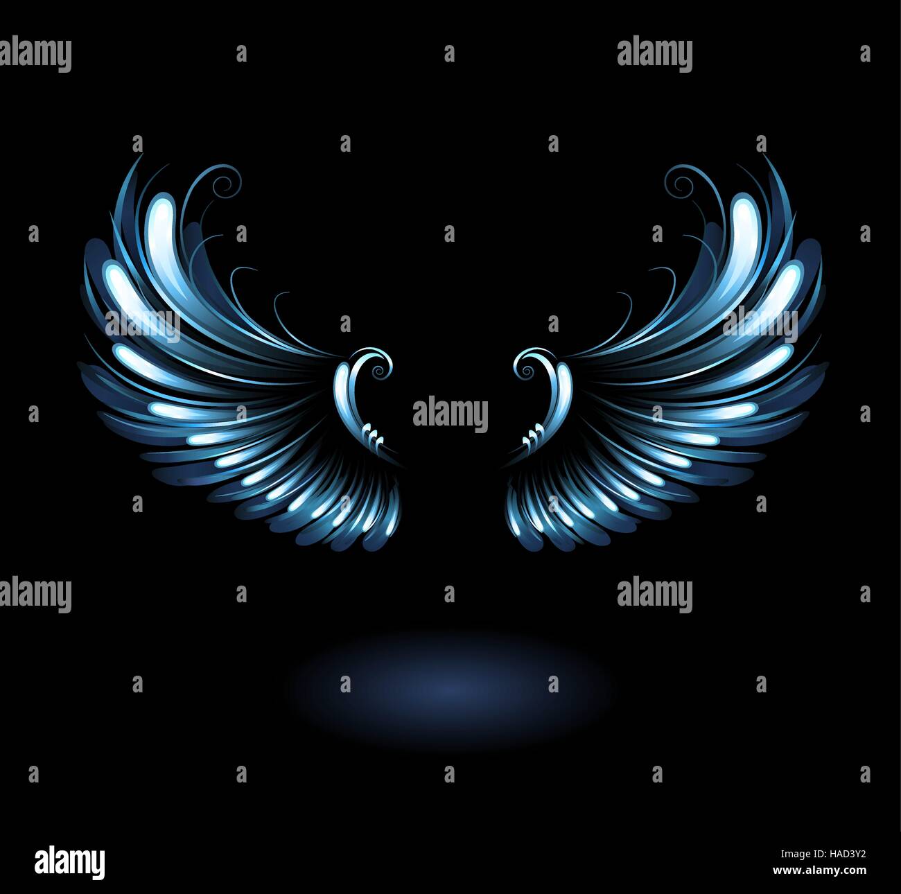 Incandescente, stilizzata angel wings su uno sfondo nero. Illustrazione Vettoriale