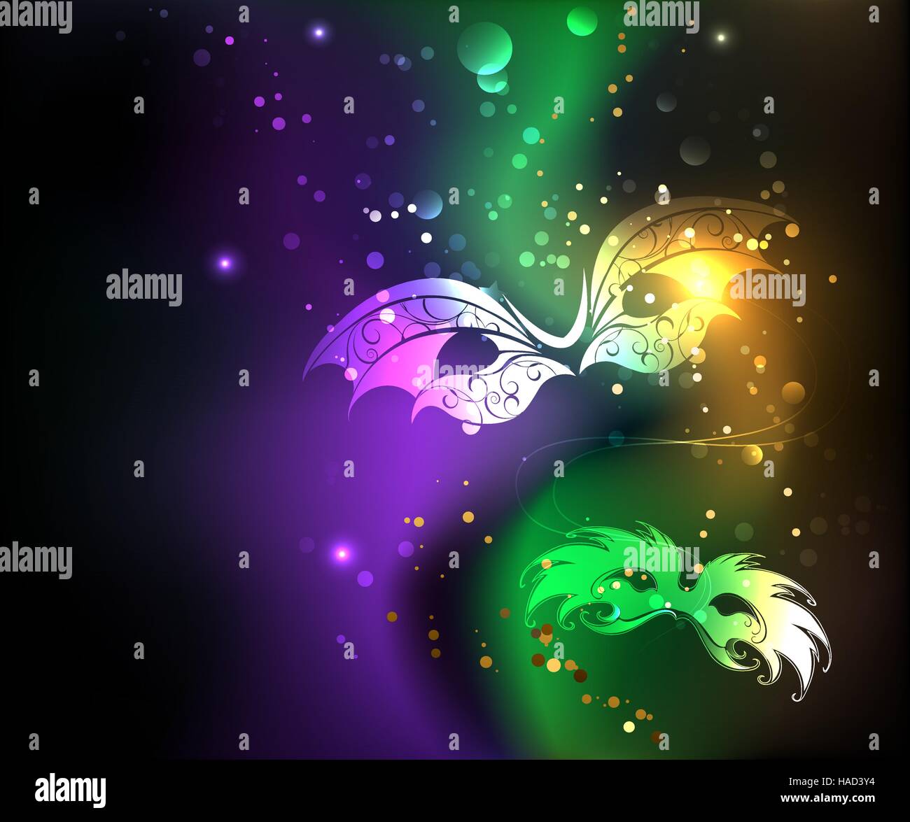 Incandescente viola, verde, sfondo giallo con maschere e perle. Illustrazione Vettoriale