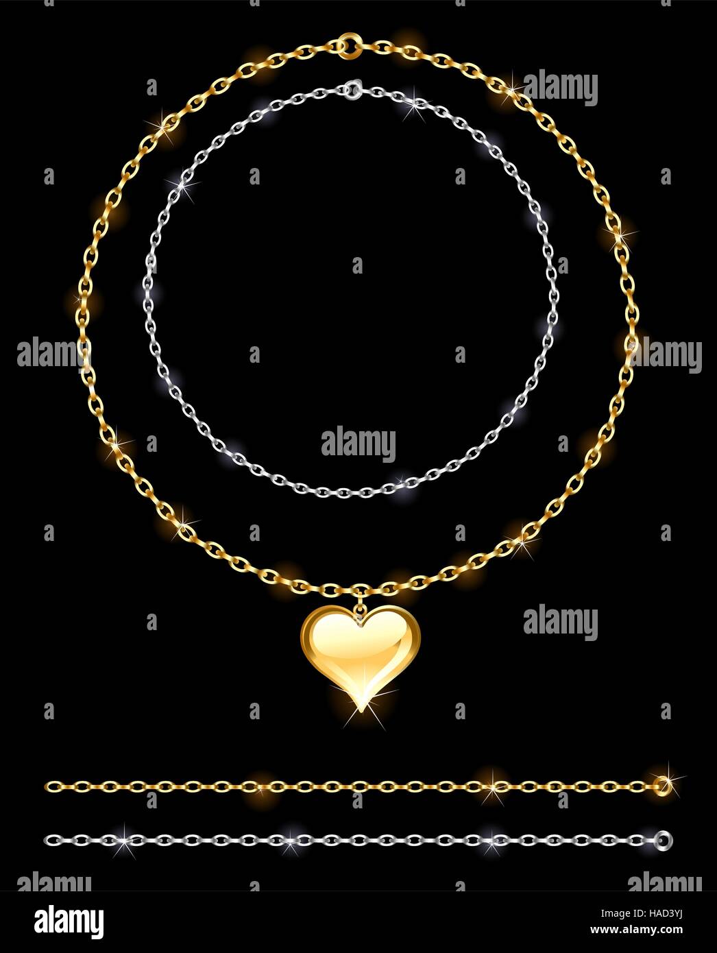 Oro e argento catena adornata con gioielli in oro cuore su sfondo nero Illustrazione Vettoriale