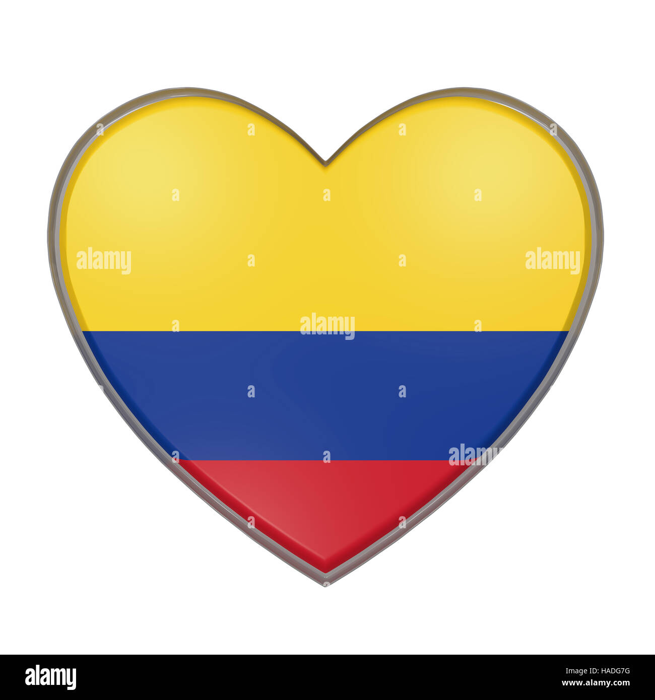 3D rendering di una Colombia bandiera su un cuore. Sfondo bianco Foto Stock