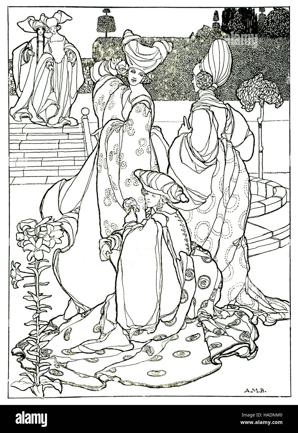 Il tutto in un giardino Fiera, illustrazione di linea da artista femminile Averil M Burleigh dal 1913 Studio Magazine Foto Stock