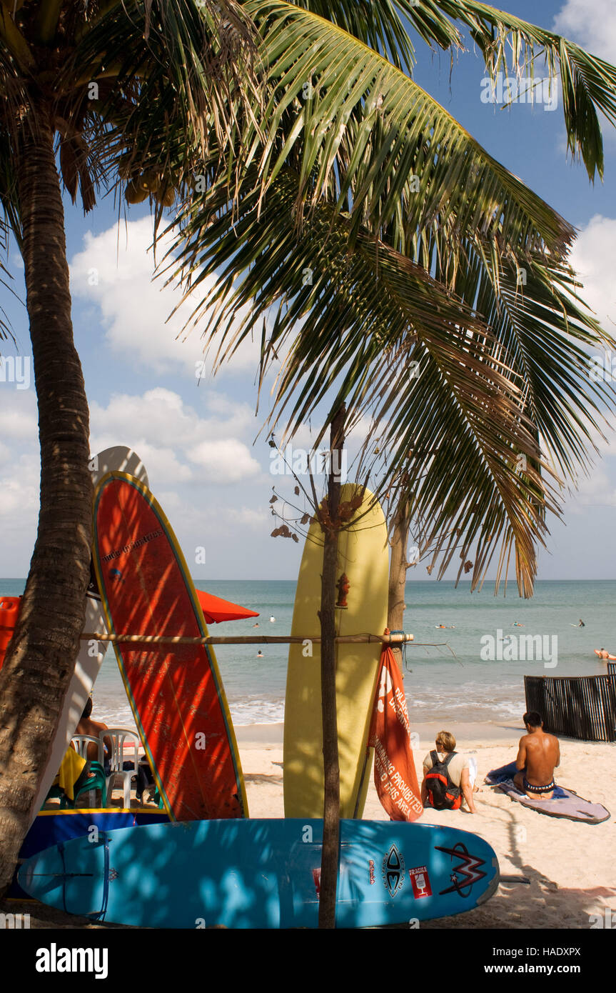 Surfisti sulla spiaggia di Kuta. Lezioni di surf. Bali. Kuta è una città costiera nel sud dell'Isola di Lombok in Indonesia. Il paesaggio è spectacu Foto Stock