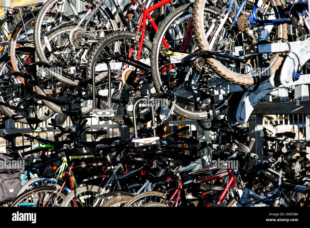 Immagazzinaggio della bicicletta versato in una stazione ferroviaria Foto Stock