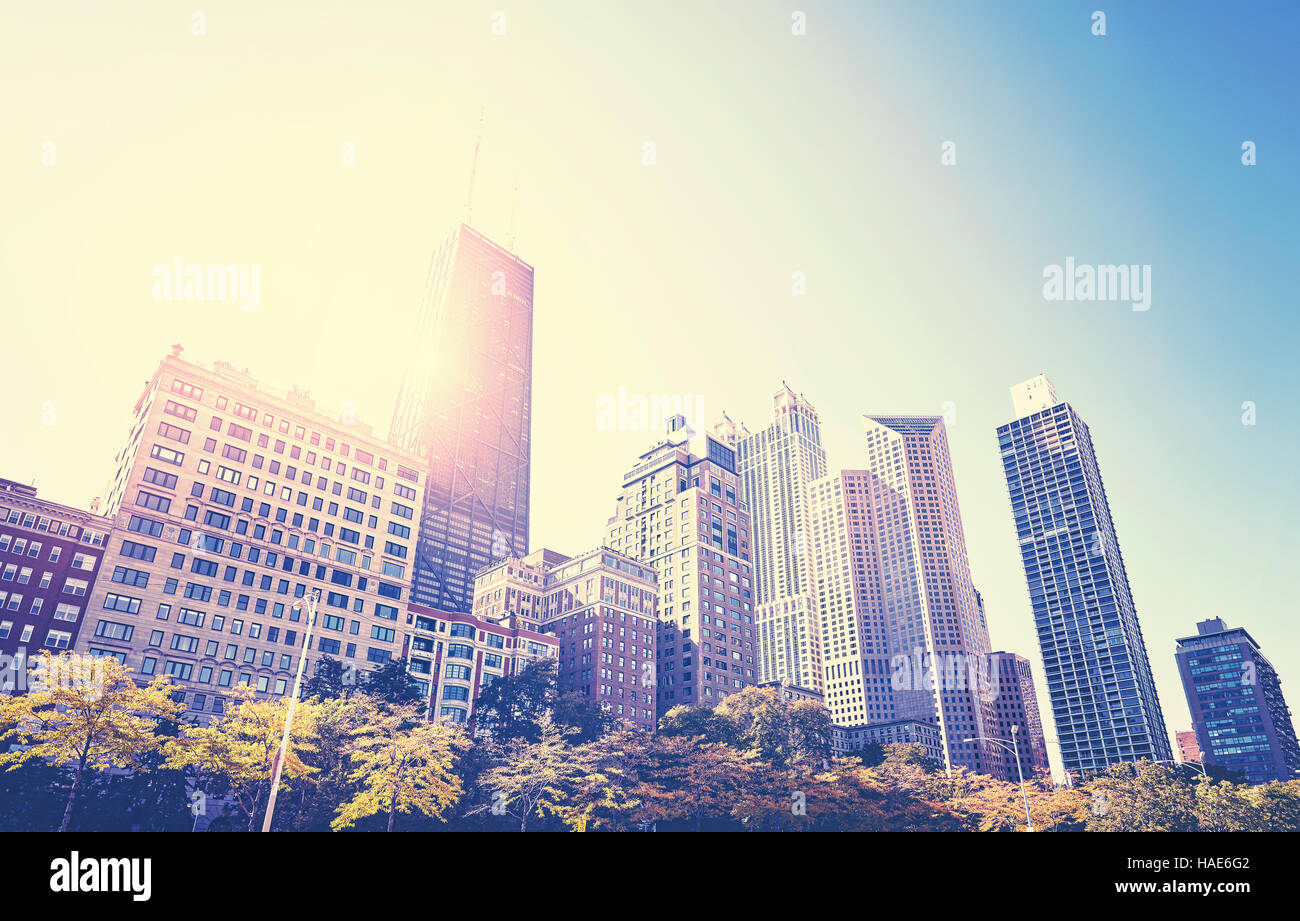 Tonalità di colore foto di Chicago Downtown grattacieli al tramonto, Illinois, Stati Uniti d'America. Foto Stock