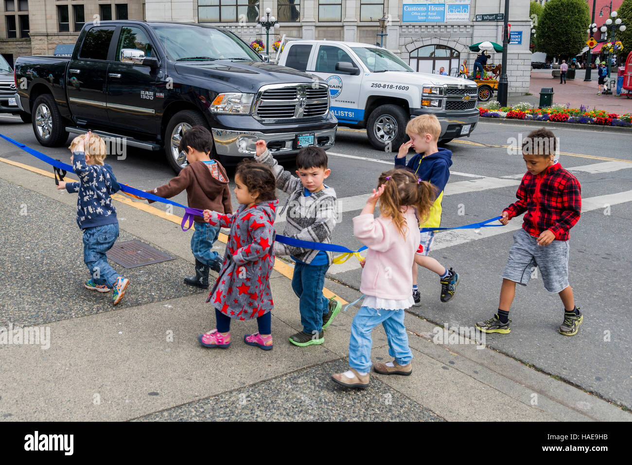 I bambini in età prescolare al guinzaglio in una gita di classe. Foto Stock