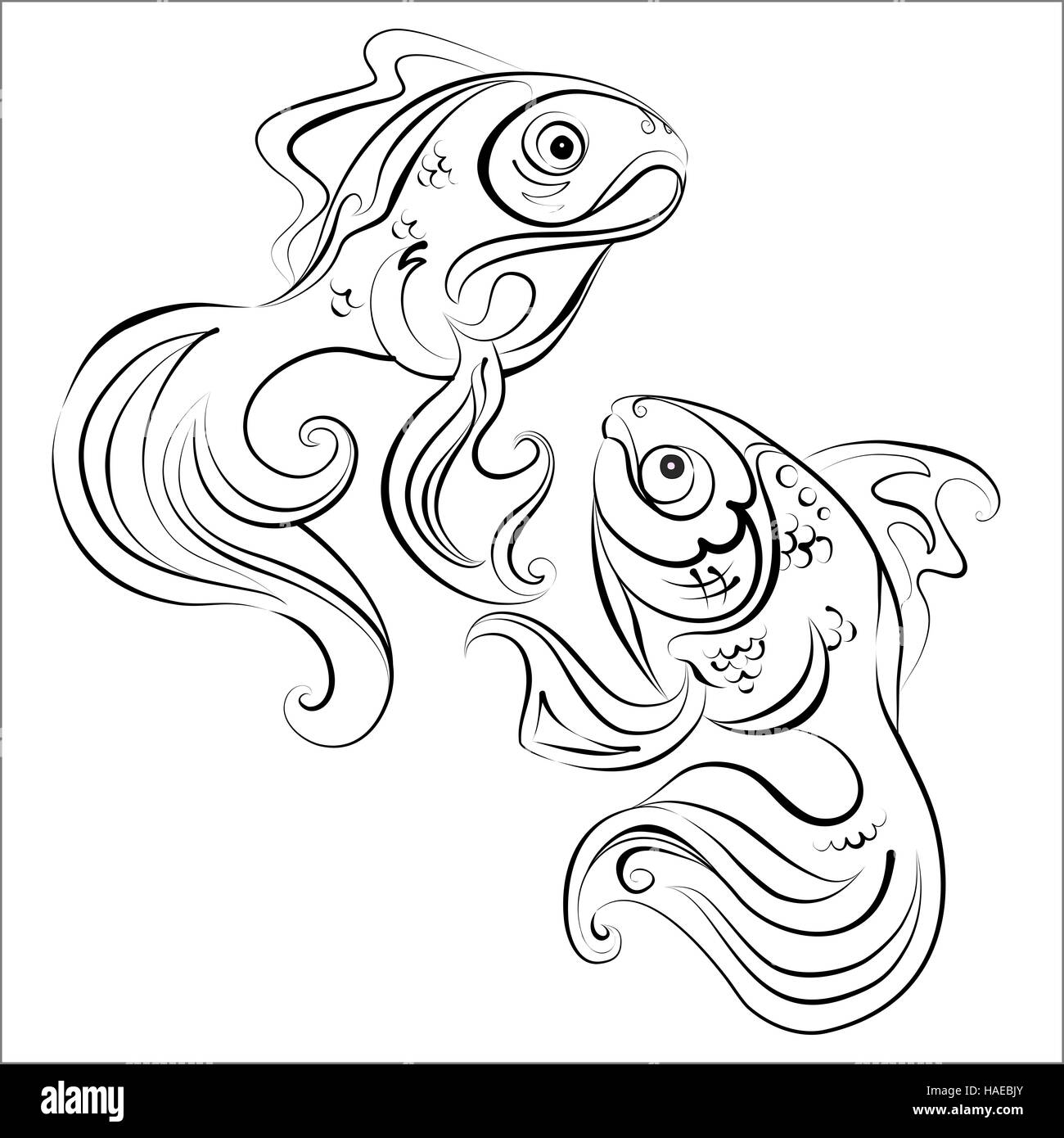Illustrazione di due stilizzata pesce dorato con nessun colore di riempimento Foto Stock