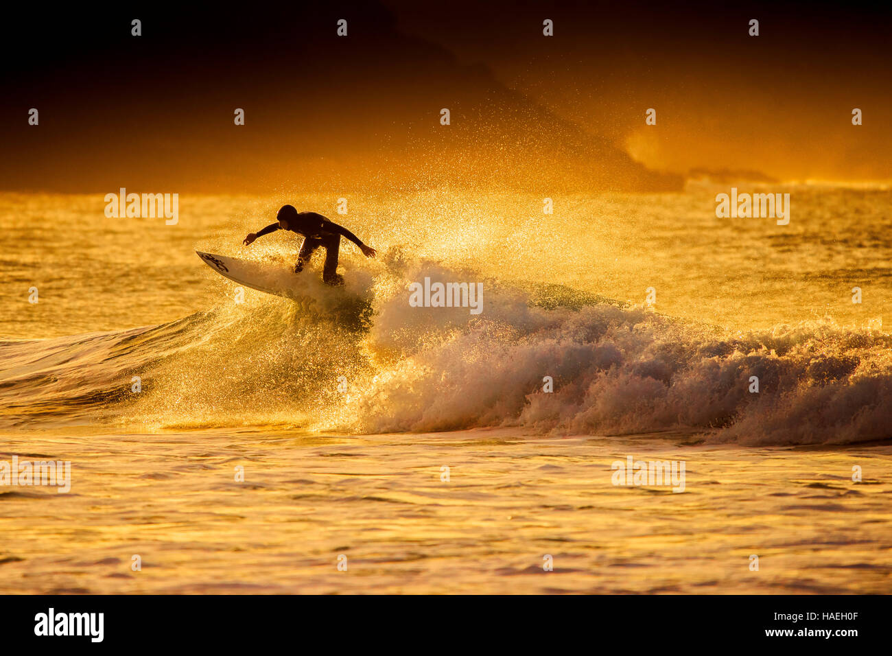 Surf durante uno spettacolare tramonto dorato a Fistral in Newquay, Cornwall. Regno Unito. Foto Stock