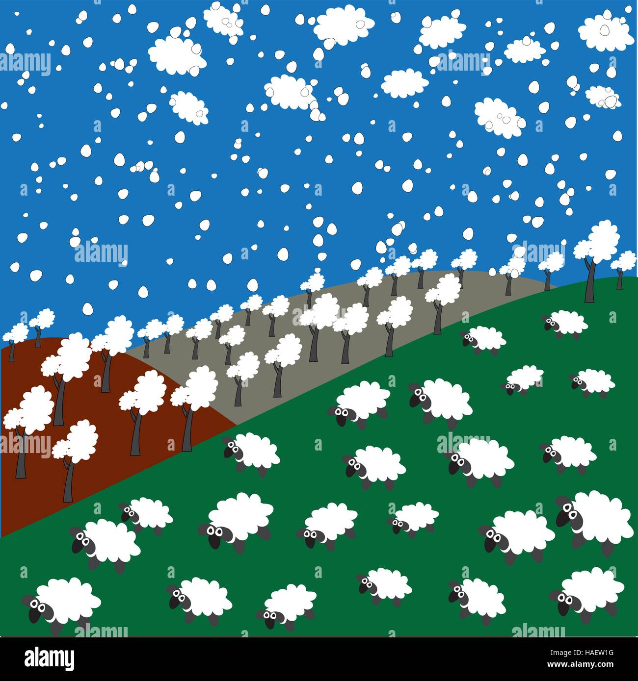 Pecore, foresta, nuvole e fiocchi di neve in montagna Illustrazione Vettoriale