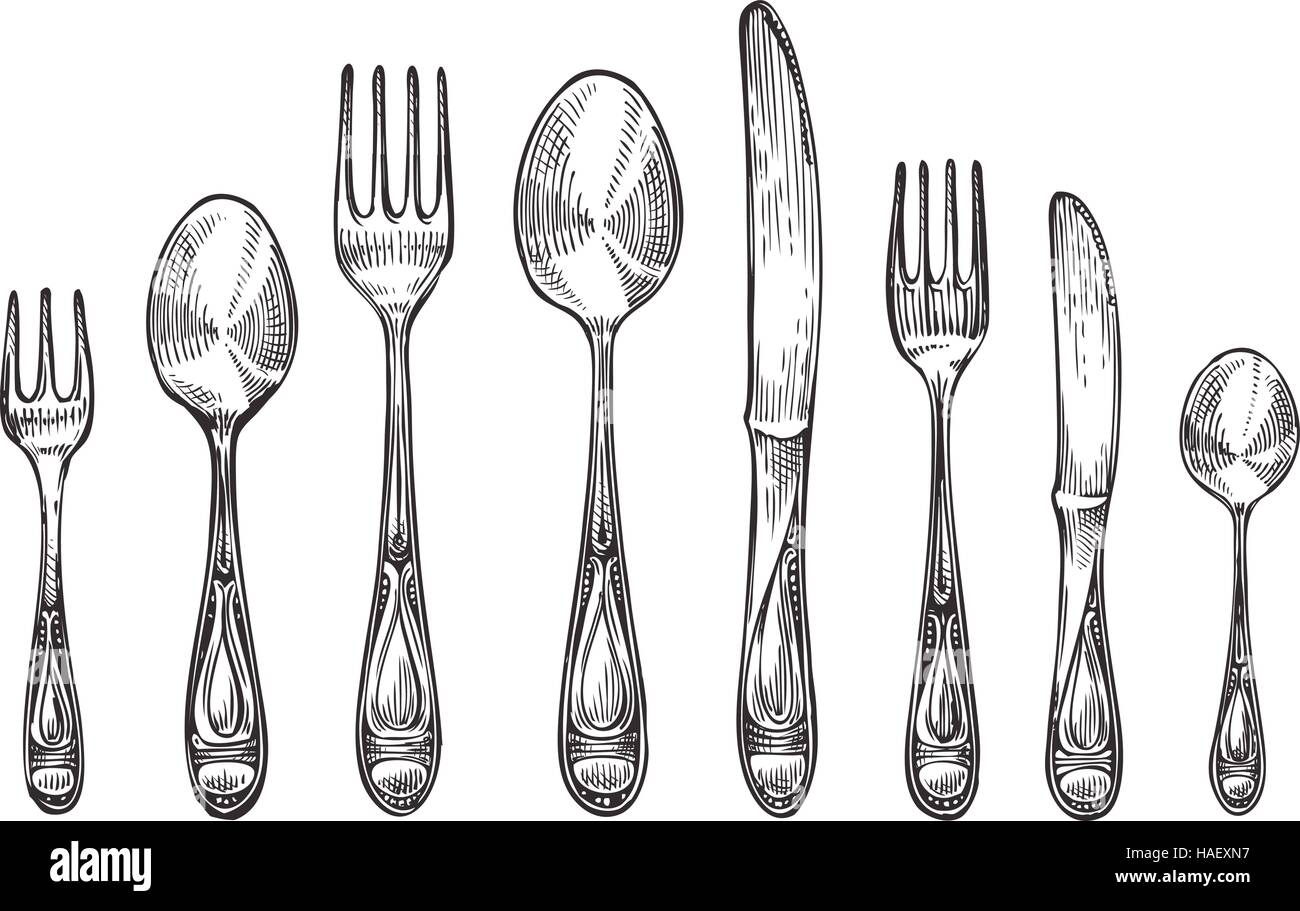 Set di posate cucchiai, forchette e coltelli, vista dall'alto. Schizzo illustrazione vettoriale Illustrazione Vettoriale